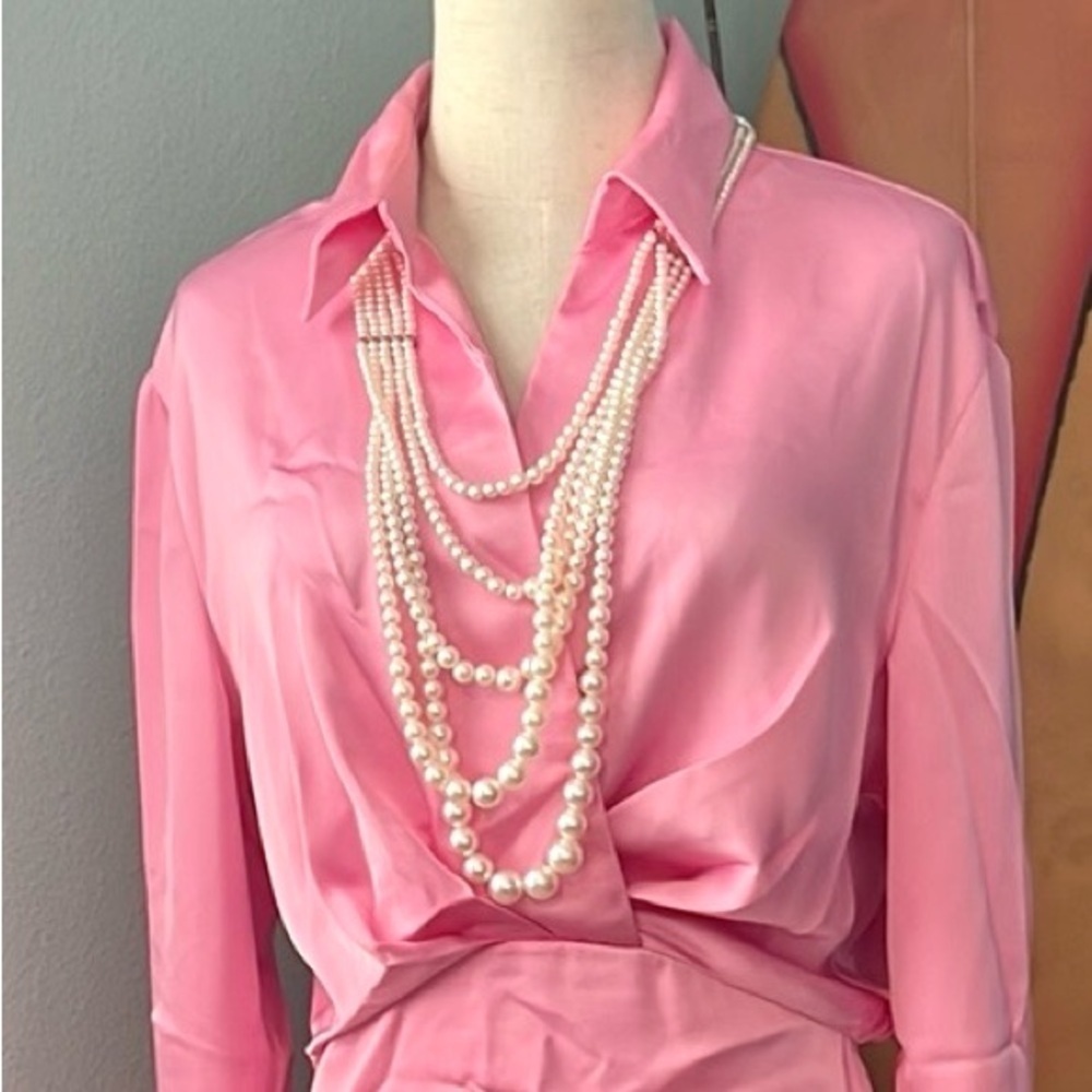 Pink Ripple,Vibrant,Stunner Pink Cross Chest Dress,SideZipper,Grand Lapel,Size M - Picture 2 of 12